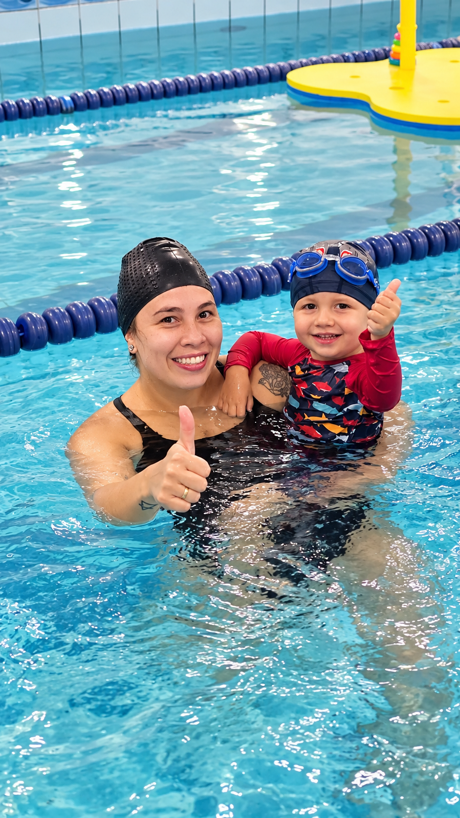 Karine Varela durante uma aula de natação infantil na piscina